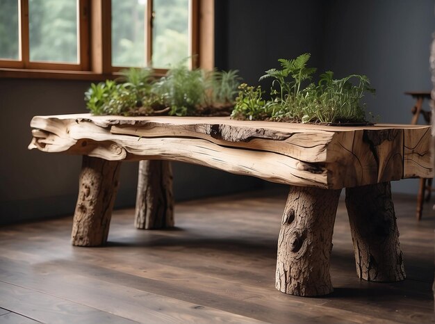 plantas en una mesa de madera con troncos de árboles reales