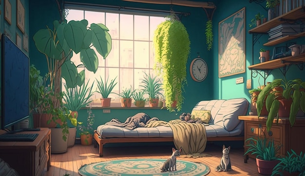 Plantas modernas casa quarto cachorro dormindo design de interiores AI Imagem gerada