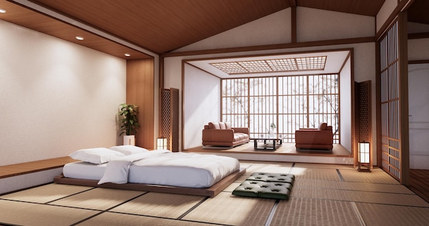 Plantas modernas de cama e decoração Zen no quarto japonês. renderização 3D.