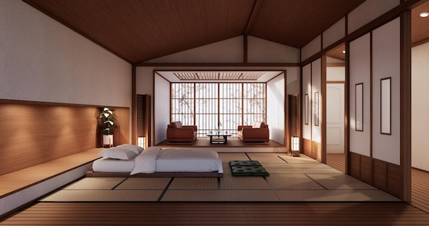 Plantas modernas de cama e decoração Zen no quarto japonês. renderização 3D.