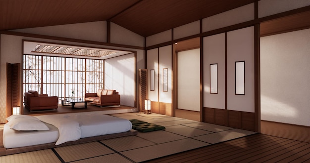 Plantas modernas de cama e decoração Zen no quarto japonês. renderização 3D.