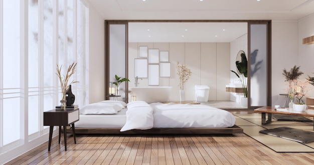 Plantas modernas de cama e decoração Zen no quarto japonês. renderização 3D.