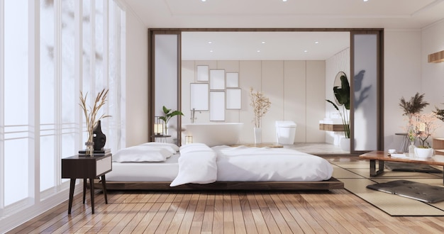 Plantas modernas de cama e decoração zen no quarto japonês. renderização 3d.