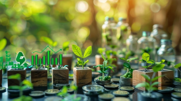 Plantas en monedas con íconos de crecimiento y sostenibilidad