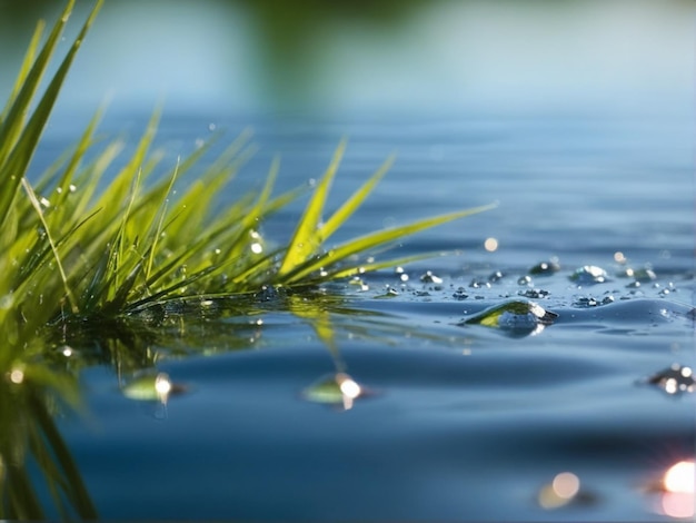 plantas na água com gotas de chuva e fundo bokeh