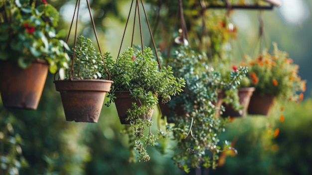 Plantas na estufa Plantas em vaso penduradas em uma haste de metal no jardim de verão