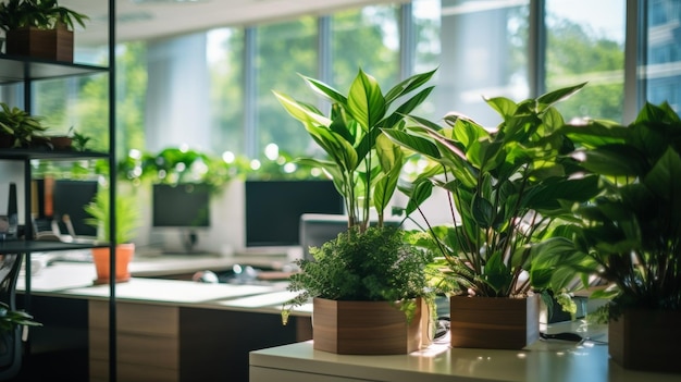 Las plantas de la oficina en el alféizar de una ventana están iluminadas por la luz natural