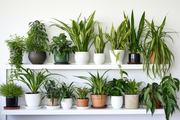 Plantas purificadoras de aire en un estante blanco limpio