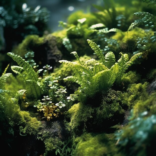 Plantas en una roca cubierta de musgo con un fondo verde