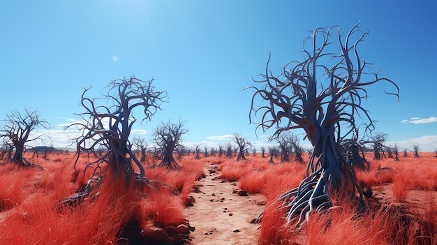 Plantas secas alienígenas azuis no Deserto Vermelho com fundo azul