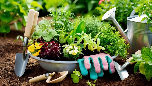 Plantas de siembra con herramientas de jardín