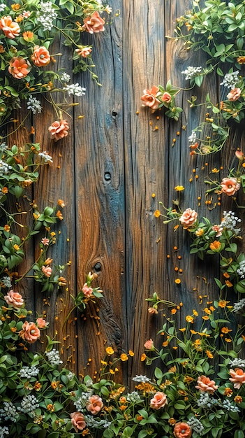 Plantas silvestres y flores en un espacio de copia de fondo rústico de madera