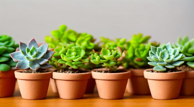 Plantas suculentas em miniatura com luz solar suave ao fundo