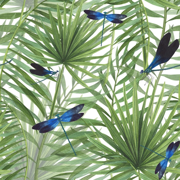 Foto plantas tropicais de padrão perfeito e aquarela de libélula isolada em ilustração botânica desenhada à mão em aquarela branca
