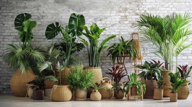 Plantas tropicais inconfundíveis em vasos de vime perto do divisor branco na família Recurso criativo gerado por IA