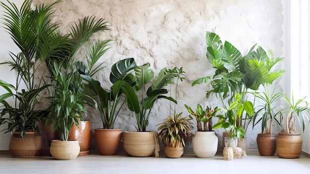 Plantas tropicais inconfundíveis em vasos de vime perto do divisor branco na família Recurso criativo gerado por IA