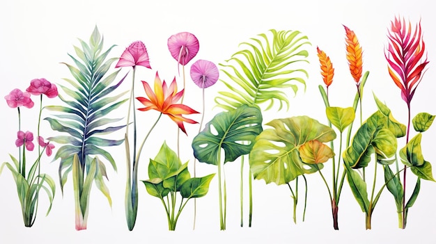 Plantas tropicais vibrantes em aquarela