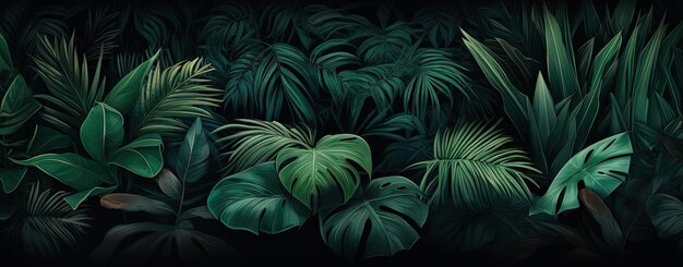 Plantas tropicales al estilo de una representación detallada y realista de color turquesa oscuro y verde oscuro.