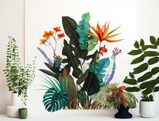 Plantas tropicales y flores en pared blanca IA generativa