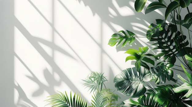 Plantas tropicales junto a una pared blanca con sombra de ventana