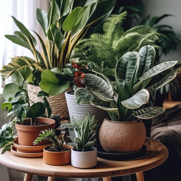 Foto plantas tropicales en una olla con un fondo minimalista