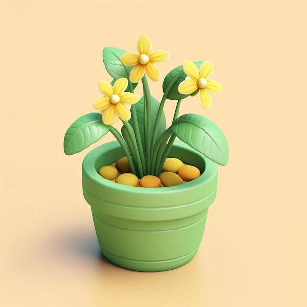 Plantas verdes bonitas florescendo em vaso de flores Ilustração 3D de jardinagem Elemento de conceito de casa