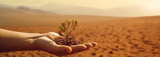 Foto las plantas verdes brotan en el suelo del desierto concepto de calentamiento global creado con tecnología de ia generativa