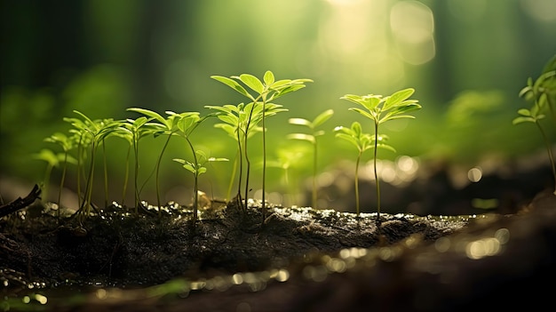 Plantas verdes brotendo da terra e da água do lago na floresta