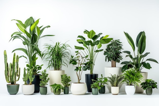 Plantas verdes caseiras dispostas em vasos modernos contra um fundo branco liso projetado para fácil remoção...