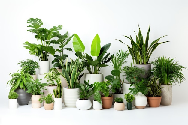 Plantas verdes caseiras dispostas em vasos modernos contra um fundo branco liso projetado para fácil remoção...