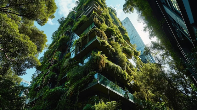 Plantas verdes crescendo na fachada de um edifício moderno em Hong Kong