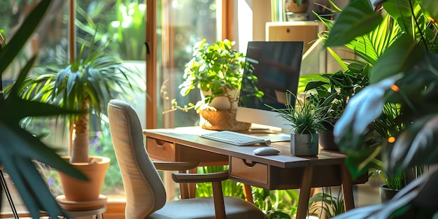 Plantas verdes em um escritório em casa que fomentam uma atmosfera tranquila e motivadora para aumentar a produtividade e a criatividade Conceito Verdes Plantas de escritórios em casa Produtividade Criatividade