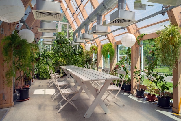 Plantas verdes em um pavilhão com telhado de vidro. Interior moderno.