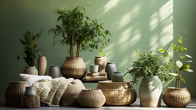 plantas verdes em vasos de vime no tapete redondo no fundo da parede branca com espaço de cópia IA generativa