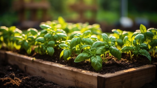 Plantas verdes frescas en una caja de madera Tema de la agricultura y la cosecha exitosa