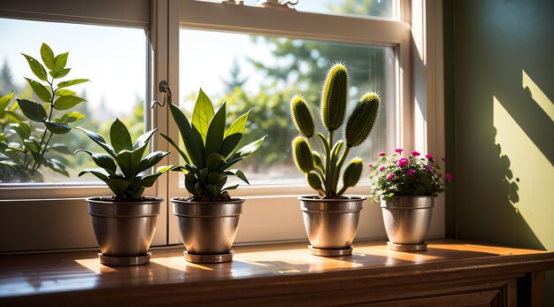 Plantas verdes en macetas en la ventana luz del sol suave en el fondo