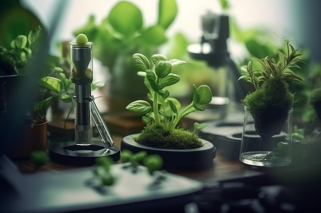 Plantas verdes en una mesa junto al microscopio en un laboratorio con IA generativa