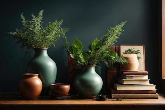 Plantas verdes en ollas y libros sobre la mesa.