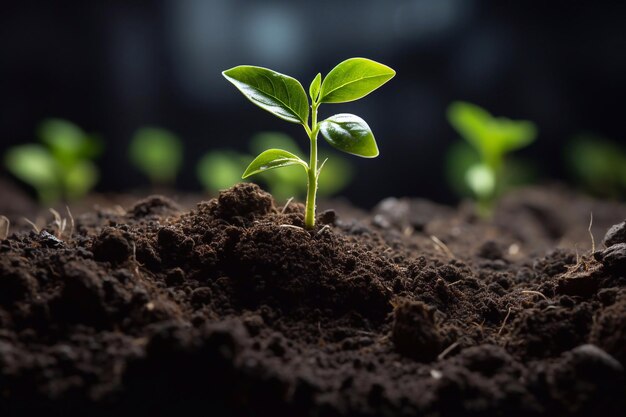 Las plantas verdes que crecen a través del suelo muerto se centran en primer plano