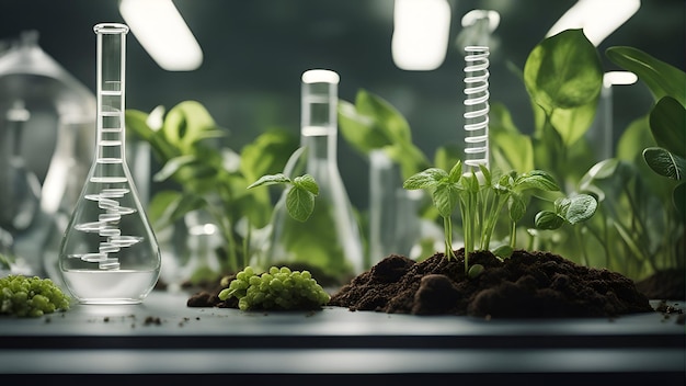 Foto plantas verdes que crescem em laboratório biotecnologia e conceito de biotecnologia