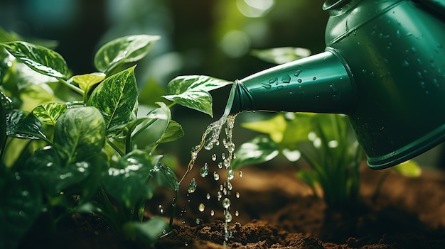 Plantas verdes regadas desde un riego