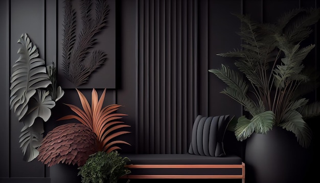 Plantas verdes sobre gradas en el lujoso interior del estilo clásico del comedor negro