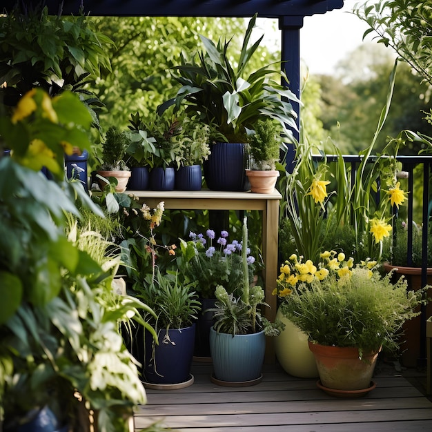 plantas de vivero en la terrazaterraza jardín