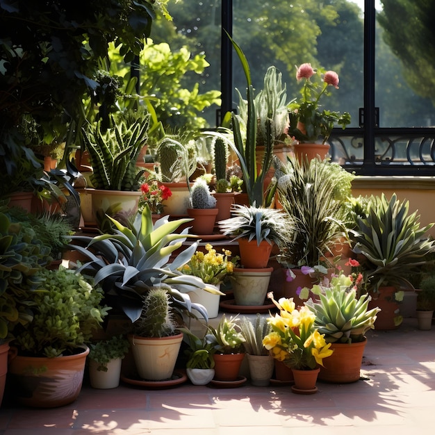 plantas de vivero en la terrazaterraza jardín