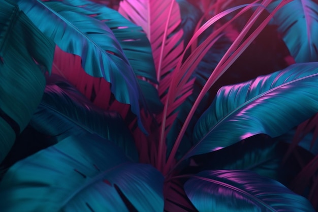 Plante fundo exótico de arte noturna de néon tropical folha roxa primavera selva Generative AI