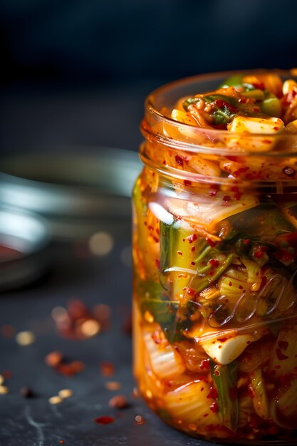 PlantedPowered Delight Vibrant Homemade Kimchi Jar CloseUp (Jarro de Kimchi casero con energía y alegría)