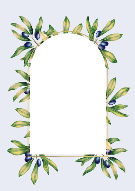 Plantilla A4 rectangular para texto con ramas de olivo y hojas Marco o borde con motivos botánicos Ilustración para invitación de boda bonita romántica tarjeta de felicitación diseño de etiqueta cosmética