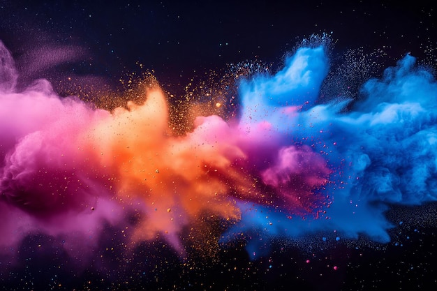 plantilla abstracta en la explosión de polvo polvo Holi telón de fondo tradicional indio vacaciones coloridas explosión del polvo pintura salpicaduras generativa AI