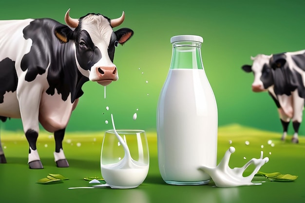 plantilla de anuncio de leche fresca 3d vacas en el fondo verde del campo de la granja salpicaduras de leche con vidrio