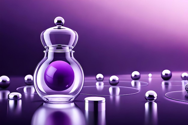 Plantilla de anuncio de producto cosmético púrpura ilustración 3d de frasco y botella volando entre discos de vidrio y